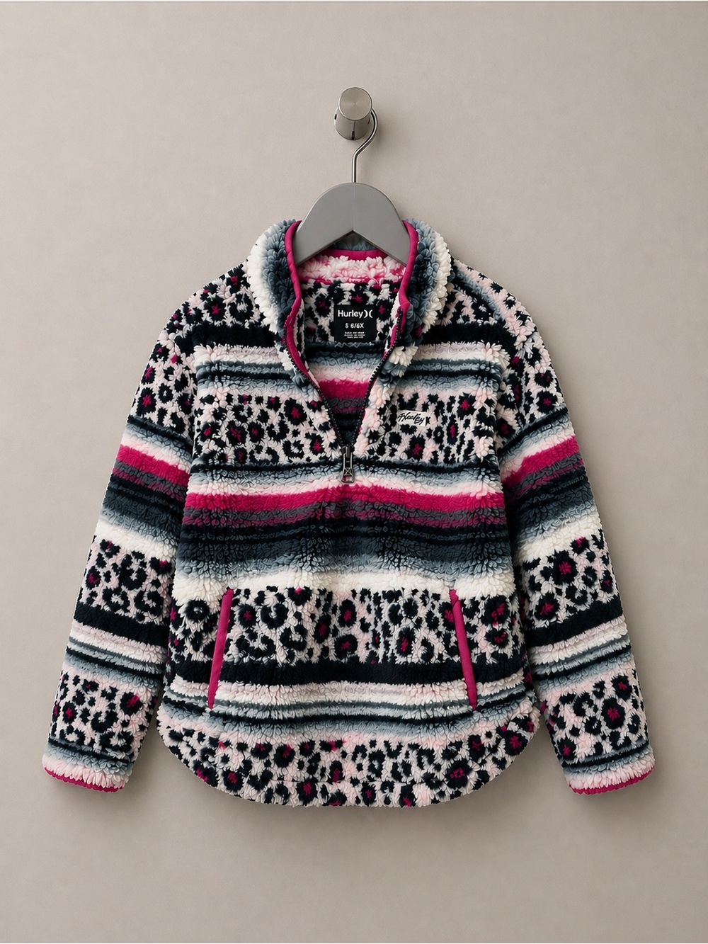 Hurley Girls Sherpa Quarter Zip Jacket S 6/6X Leopard Stripe Fleece NWT